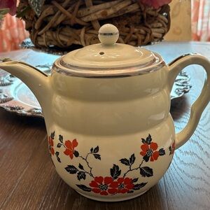 Floral Cream Teapot with Red Accents